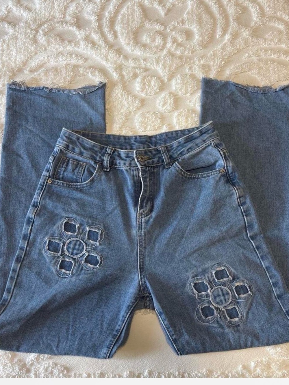 Women’s Blue Denim Jeans with Floral Cutout Detail